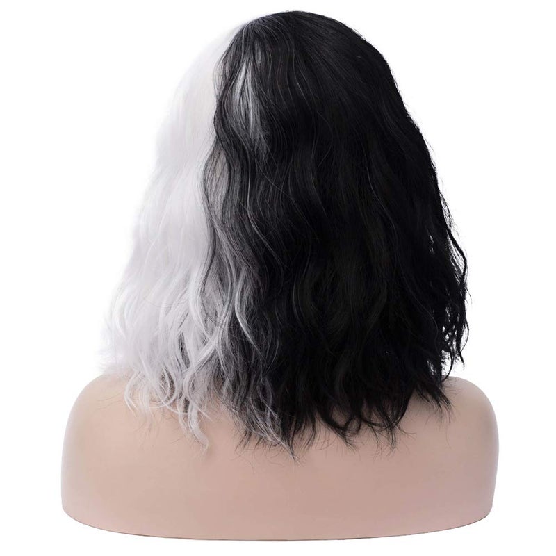 BERON 14" Women Girls Short Curly Bob Wavy Wig Body Wave Halloween Cosplay Costume Daily Party Wigs (Black and White) - Image 4